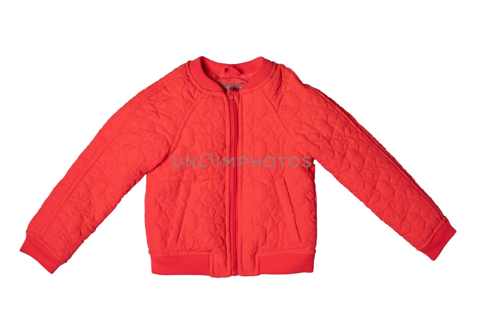 Childrens jacket for spring and autumn. Stylish red warm down jacket isolated on a white background. Child fashion.