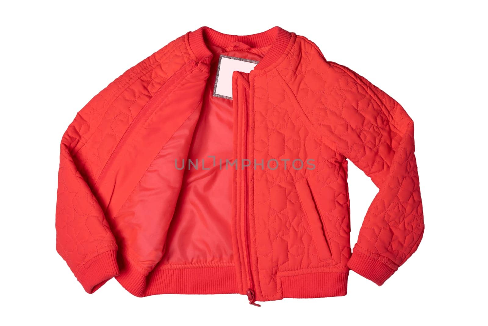 Childrens jacket for spring and autumn. Stylish red warm down jacket isolated on a white background. Child fashion.