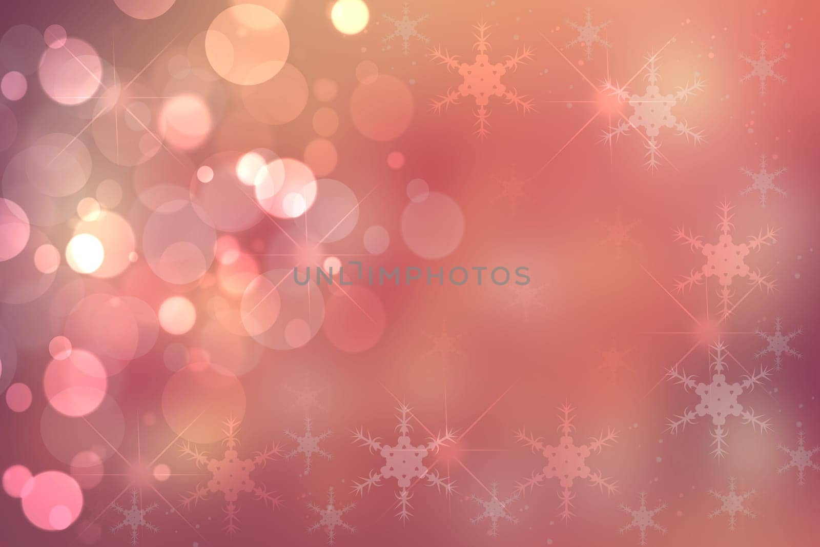 A festive abstract Happy New Year or Christmas texture background and with color blurred bokeh lights and stars. Space for design. Card concept or advertising.