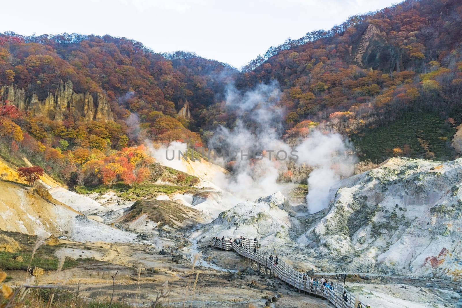 Noboribetsu Onsen is Hokkaido's most famous hot spring resort. A large amount of Noboribetsu's many types of hot spring water surfaces in the spectacular Jigokudani or "Hell Valley"" just above the resort town. Noboribetsu is part of Shikotsu-Toya National Park."