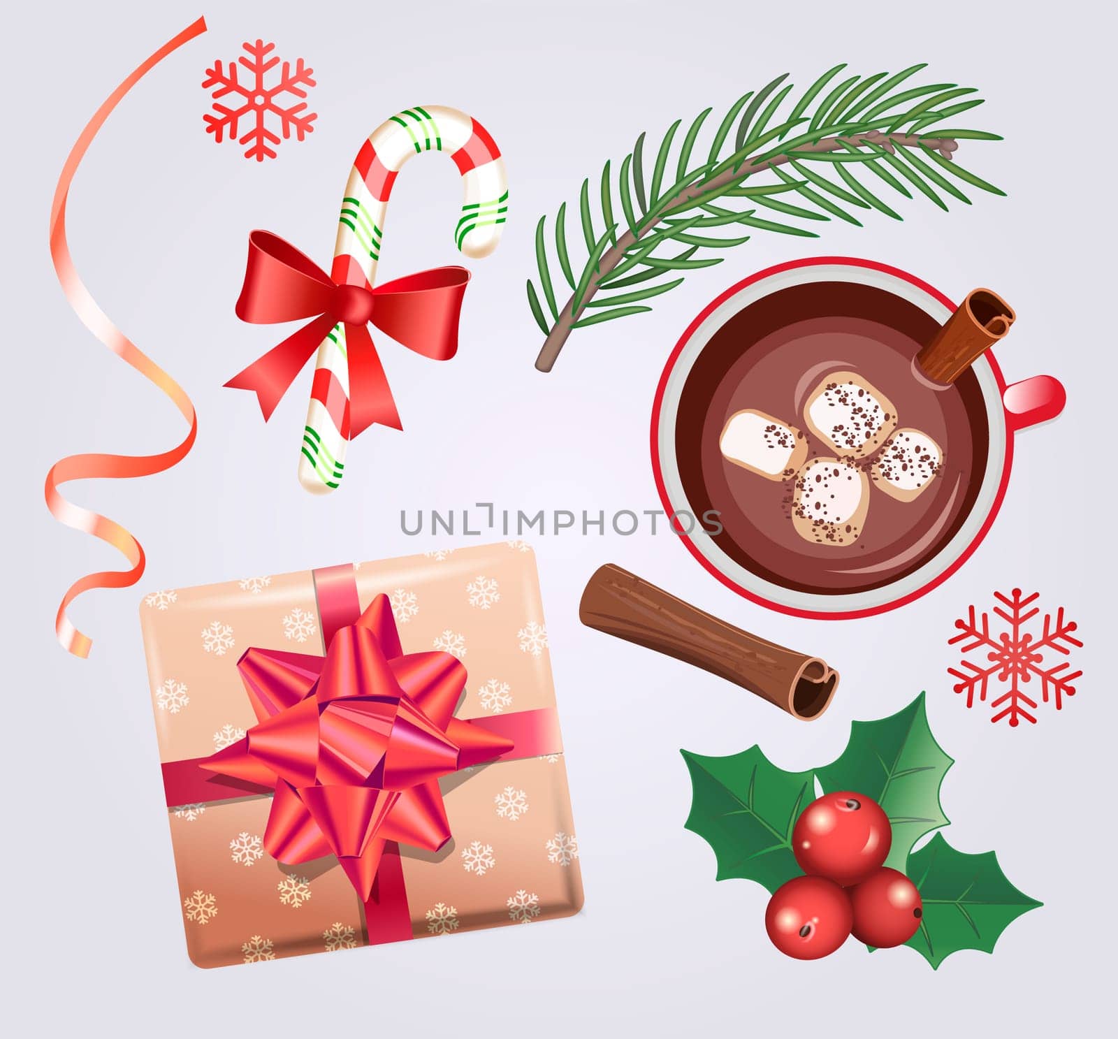Set for Christmas holidays with traditional decorations-gift box with bow,candy cane,cocoa with marshmallows and cinnamon,spruce branch, ribbon, red mistletoe, snowflake. Vector illustration.