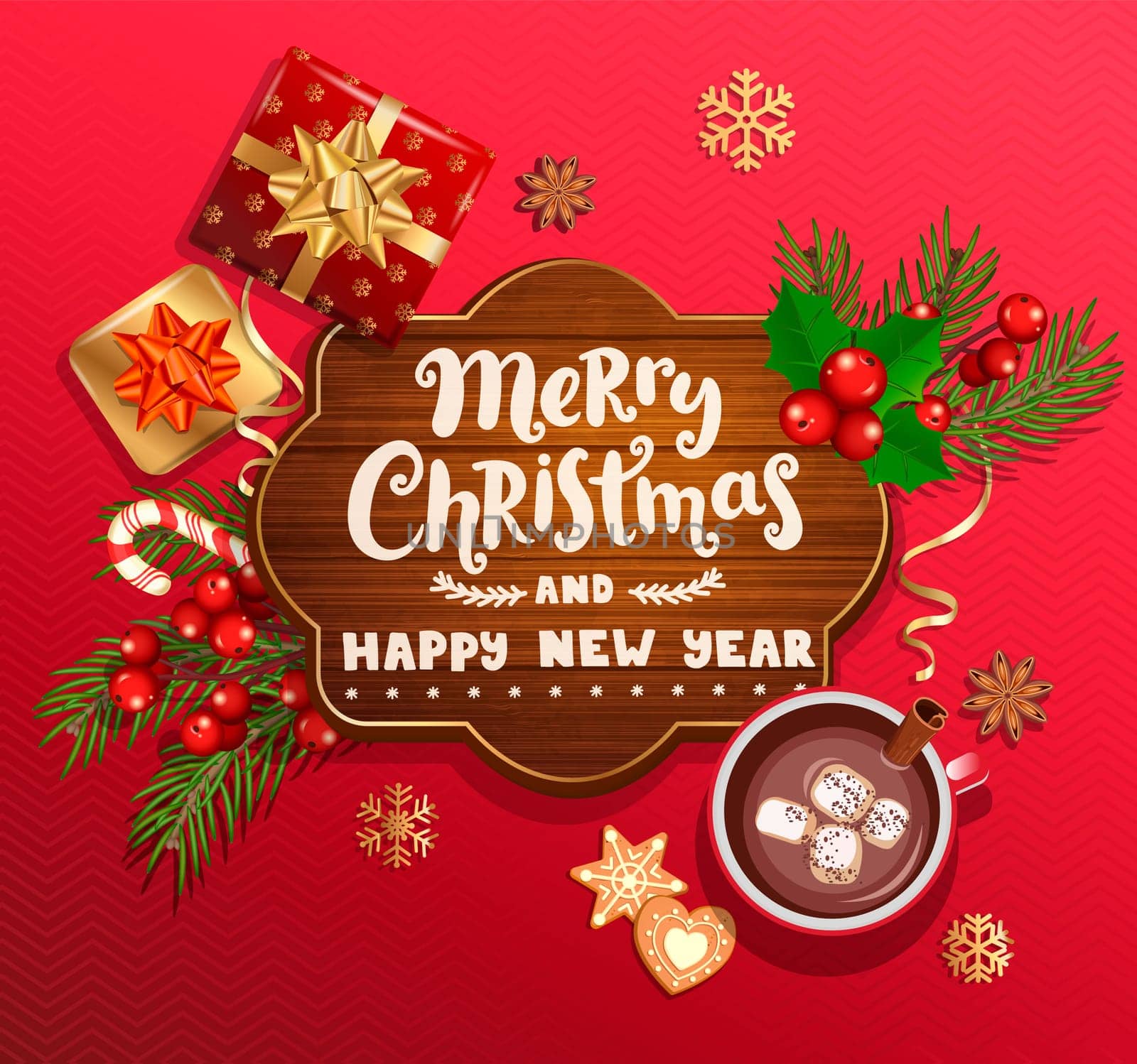 Merry Christmas and New Year wishing card on wood frame,red background with traditional christmas decorations-gift box with gold bow,candy cane,branch,snowflakes,cocoa, marshmallow.Vector illustration