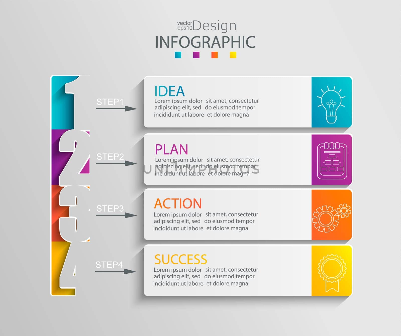 Paper infographic template with 4 options for presentation and data visualization. Business process chart. Diagram with four steps to success. For content, flowchart, workflow. Vector illustration.