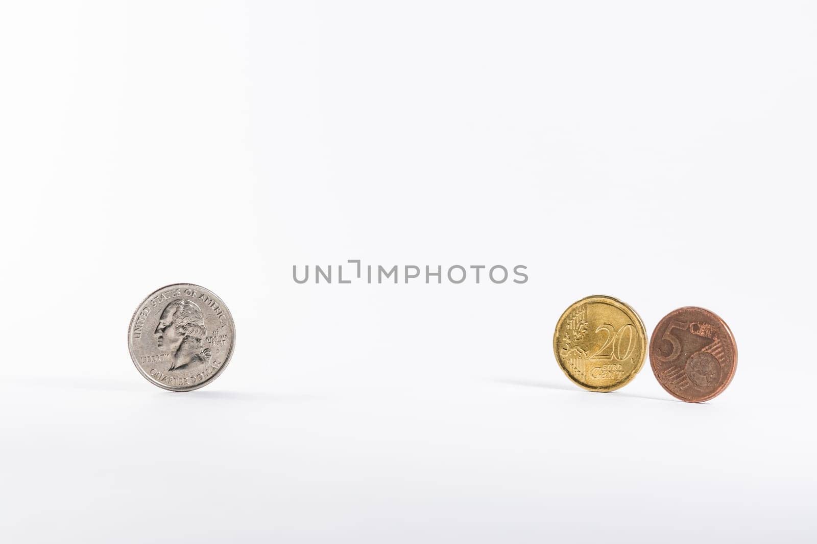 American Quarter Change Versuses Exchanged Converted European Euro 25 Cent White Background Isolated