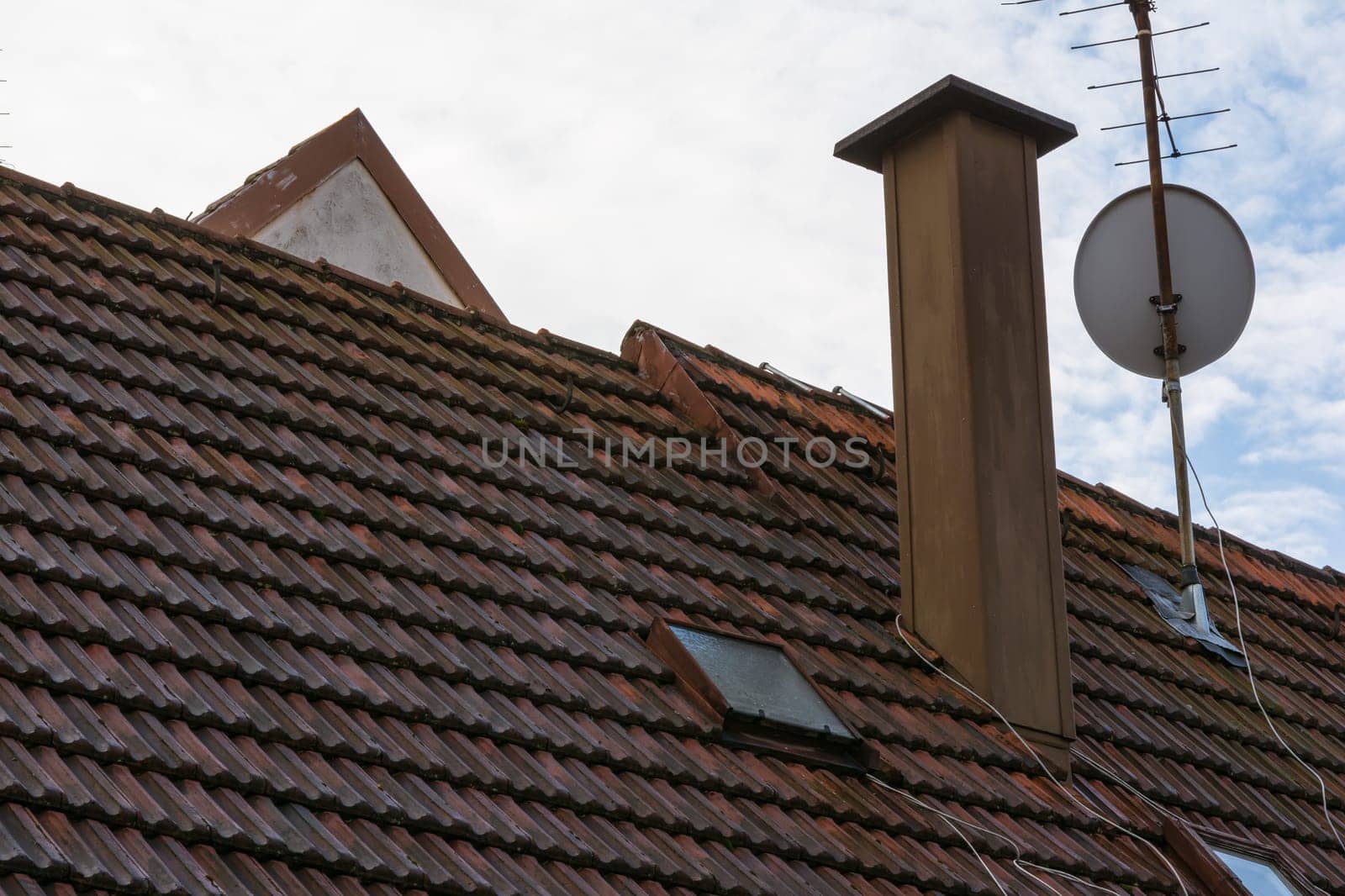 European Orange Roof Tiles Chimney Satellite Dish Residential Rooftop Home Design