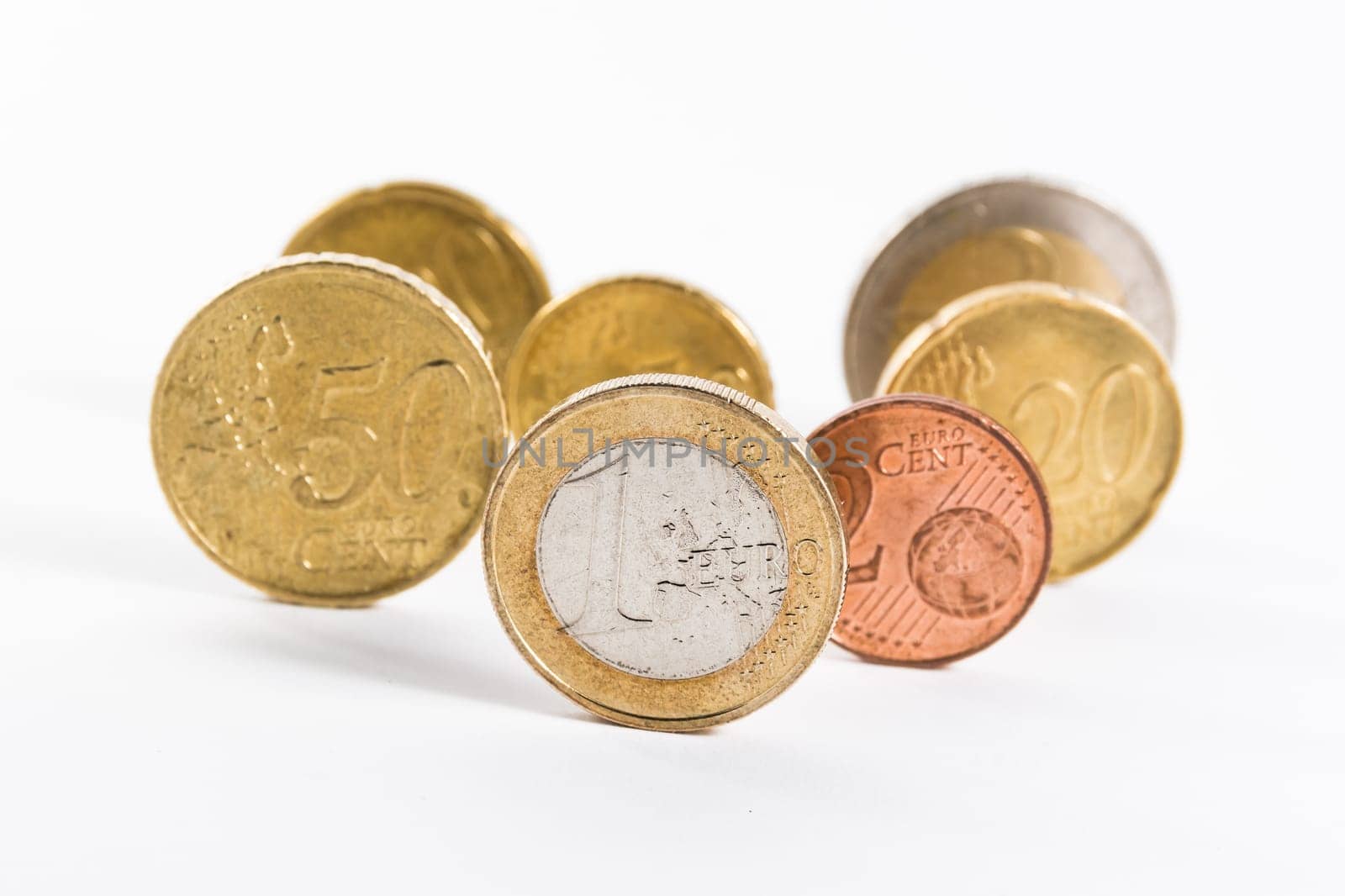 Group of Euro Coins Standing Standout One Euro Front Collection Currency European EU Union Business Finances