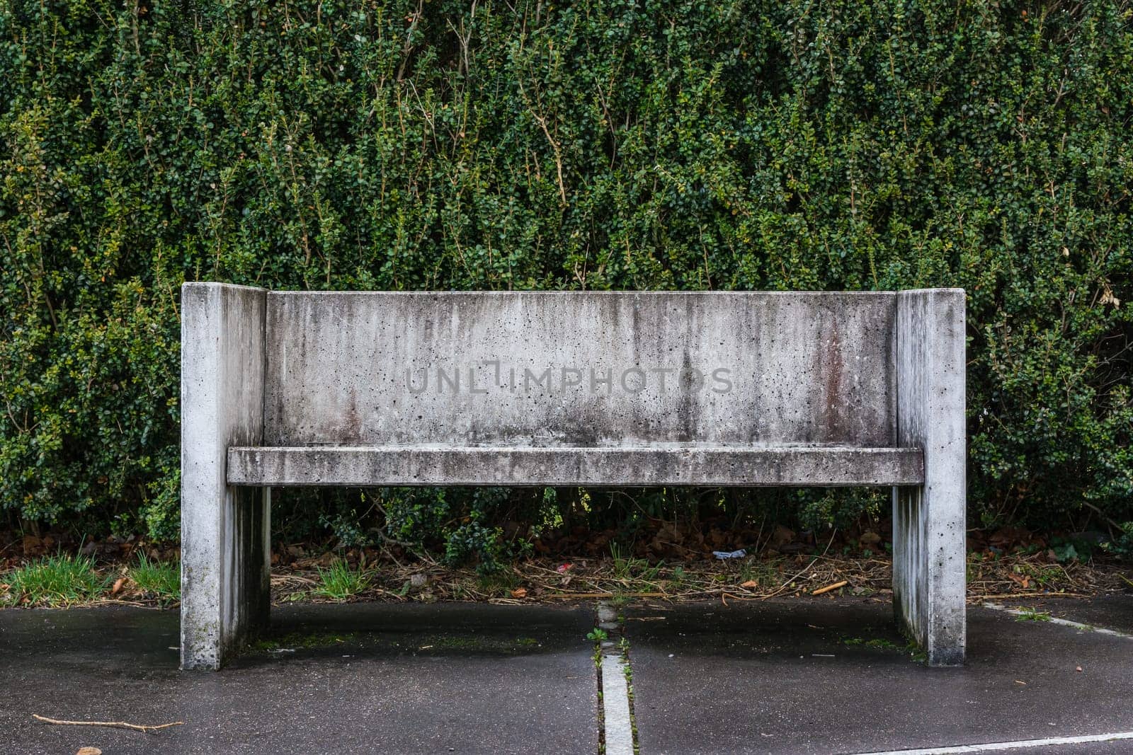 Stone Bench Grungy Against Green Bush Leaves Background Closeup Sit Empty Surface Dirty Cement Concrete Geometric Rectangular Outdoors