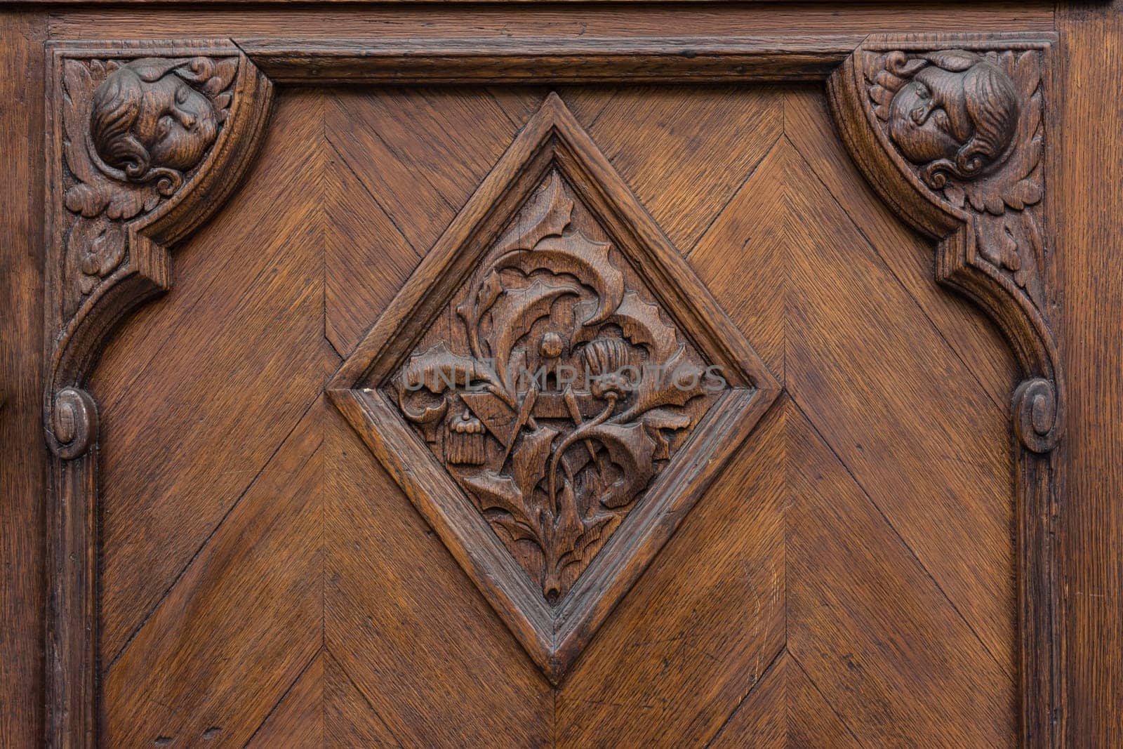 European Door Emblem Texture Oak Heavy Closeup Doorknob Surface Decorated Elegant Diamond Brown Deep