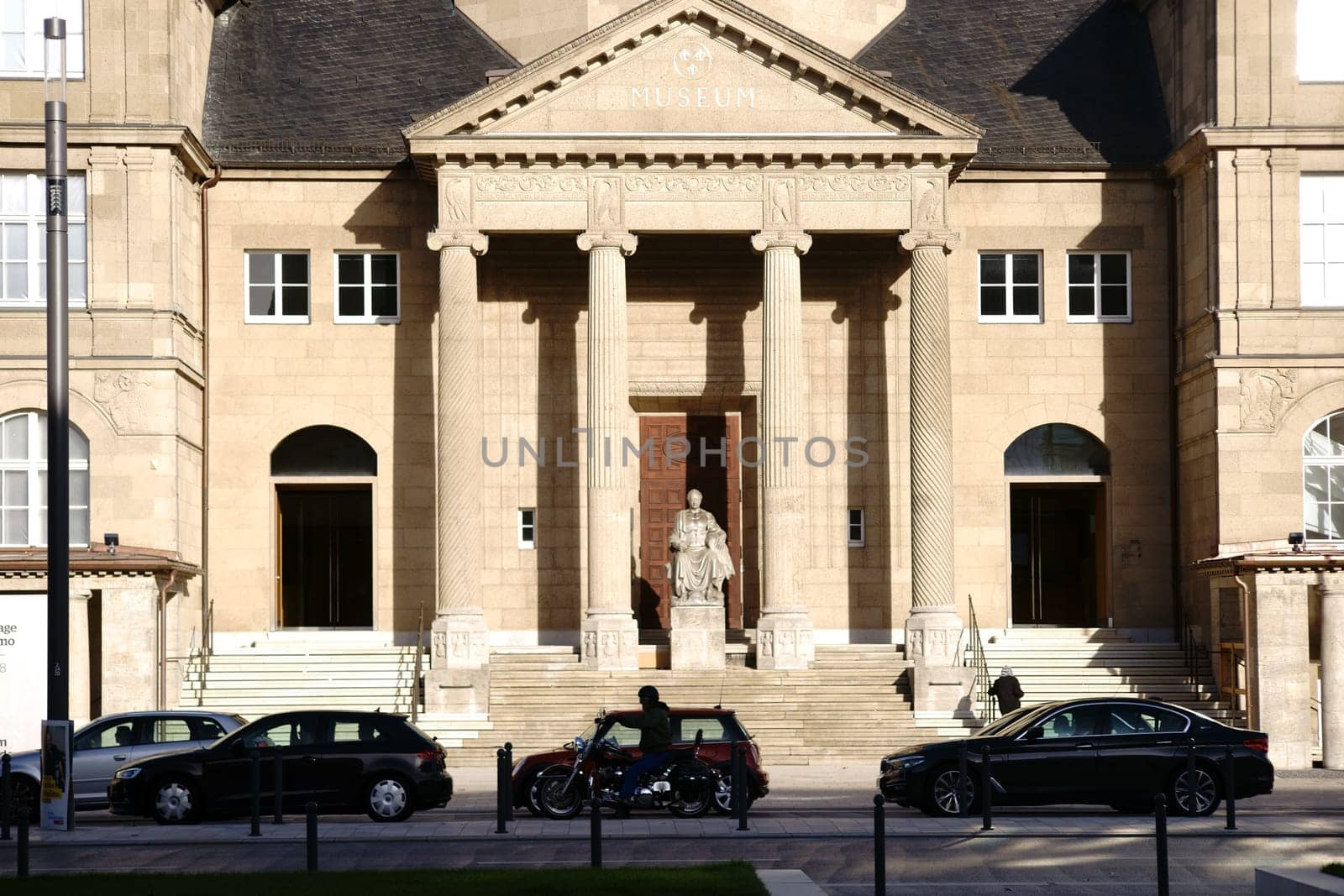 Wiesbaden, Germany - September 25, 2018: Traffic in front of the Museum Wiesbaden an exhibition house for art and nature on September 25, 2018 in Wiesbaden...