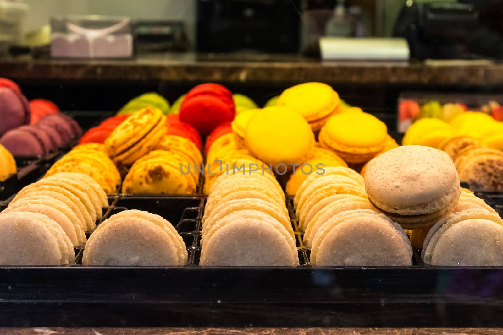 Multi-Colored Macaroons Closeup Window Cafe European Dessert Bright Vibrant