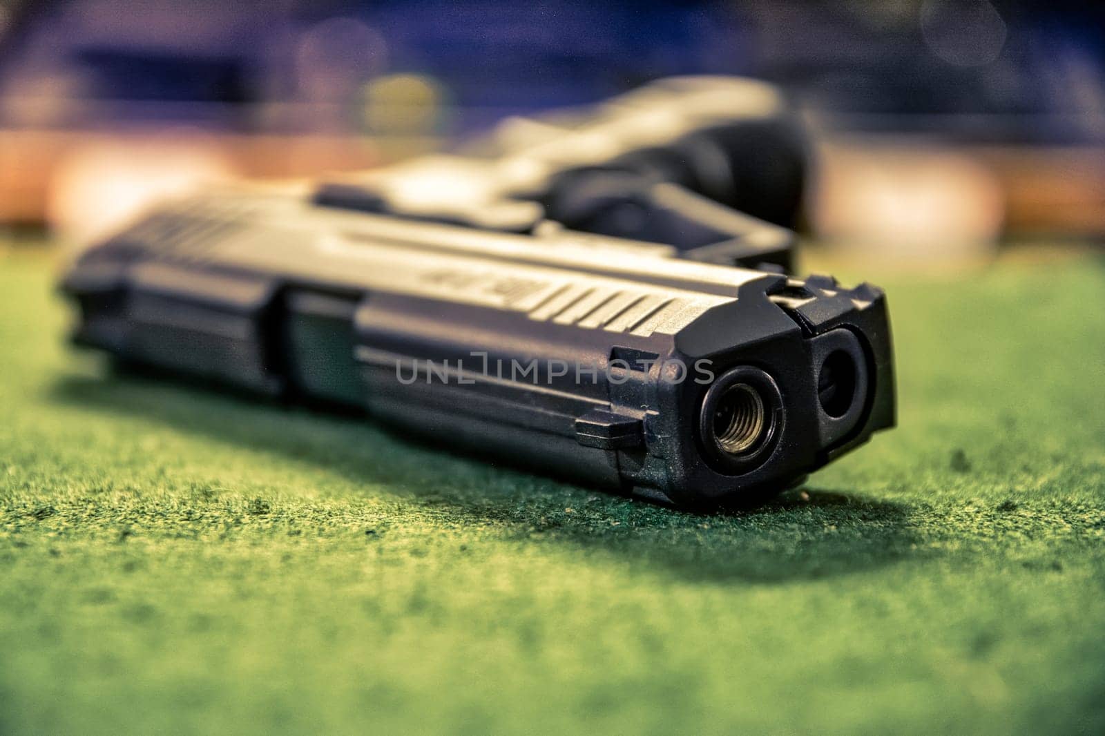 Black Combat Pistol Gun Shop Store Dealing Countertop Weapons Dangerous Sales Felt Surface Display