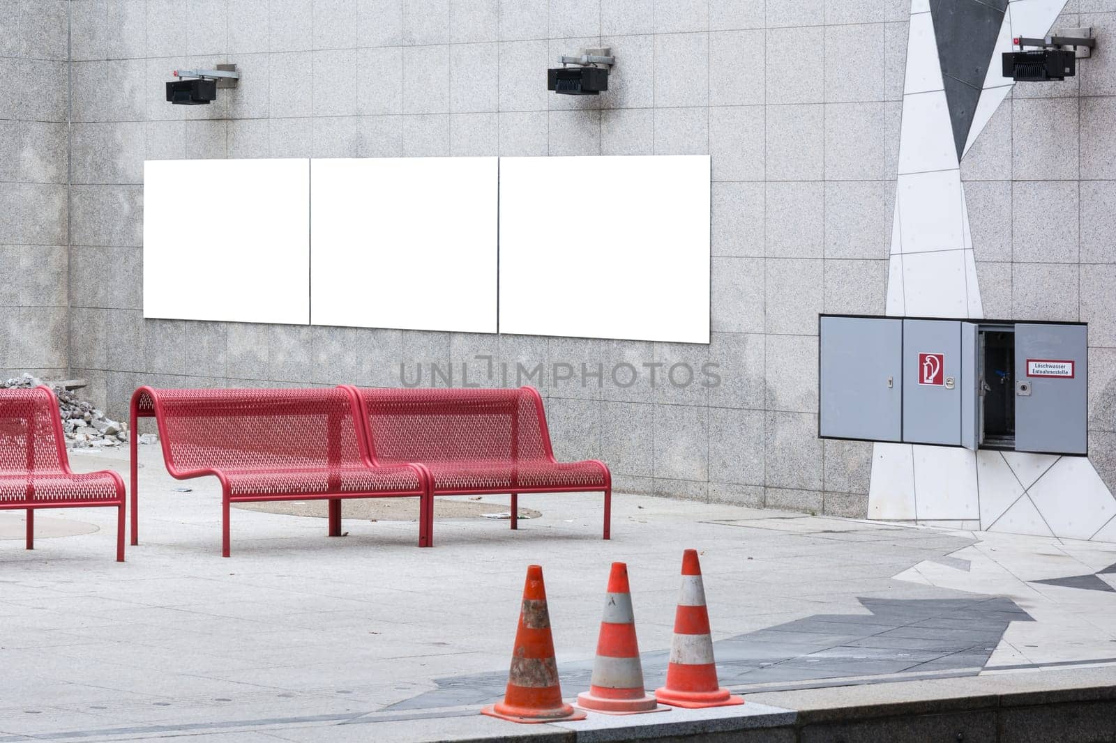 City Blank Ad Space Red Benches Subway Station Far Wall