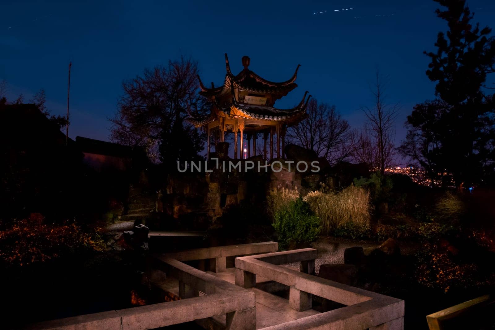Chinese Tower Garden Building Temple Stuttgart Night Time Glowing Fantasy Park Outdoors Path Rocks Water Sunset Moon