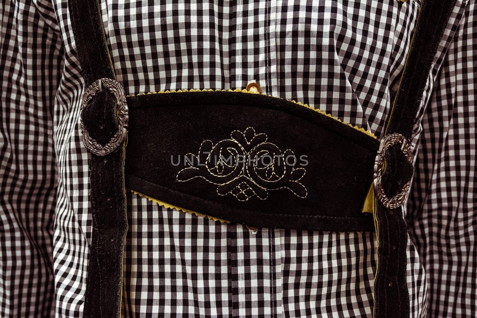 Traditional German Lederhosen Center Chestpiece Closeup Leather Plaid Dress Black White