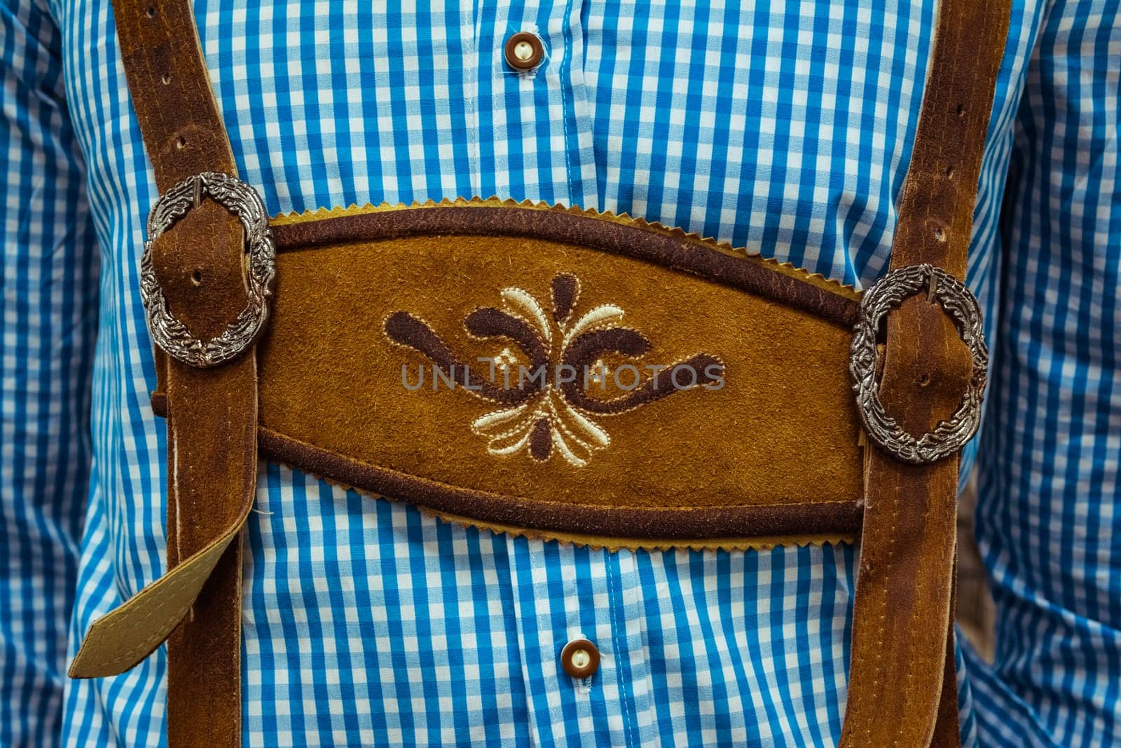 Traditional German Lederhosen Center Chestpiece Closeup Leather Plaid Dress Blue White