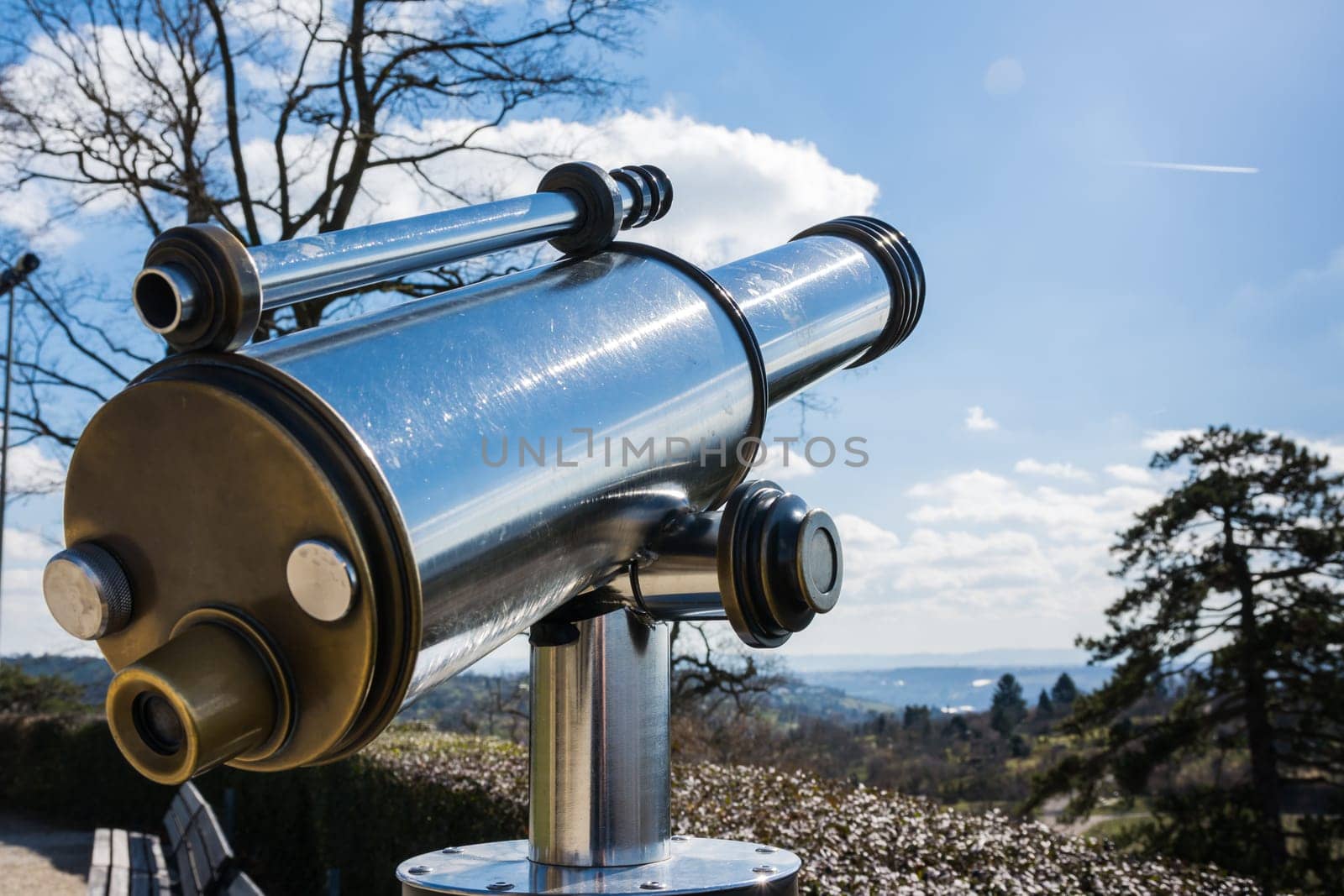 Tourist Telescope Eyepiece Travel Tourist Destination Landscape Magnification Looking View Beautiful Day Blue Sky Metal Chrome Clean