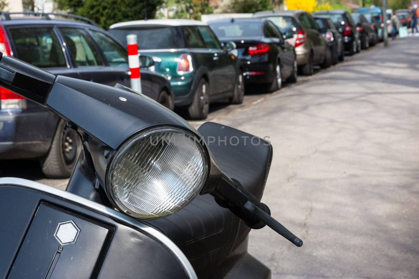 Sunny Day Parked Roller Scooter Headlight Detail New Clean Sidewalk Cars City Urban