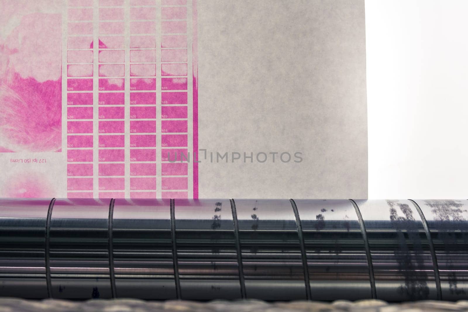 Flexography Backlit Proofing Web Roller Preview Test Calibration Closeup Press Machine Industrial Running Magenta Quality Sheet Material