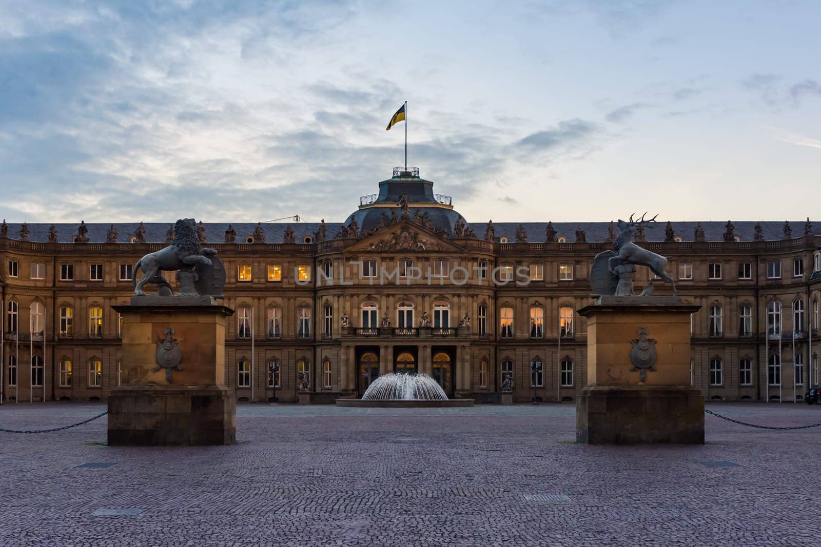 Stuttgart Schlossplatz Neues Schloss Closeup Entrance Empty Parking Lot Afternoon Sunset Twilight Germany City Architecture