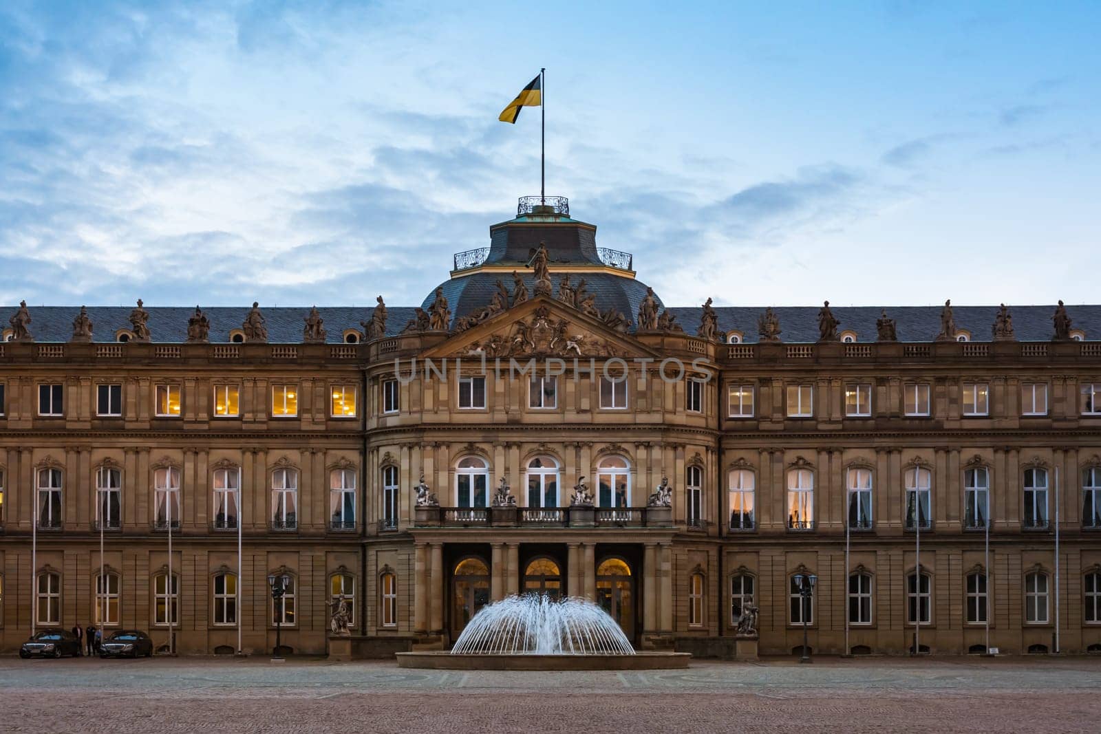 Stuttgart Schlossplatz Neues Schloss Closeup Entrance Empty Parking Lot Afternoon Sunset Twilight Germany City Architecture