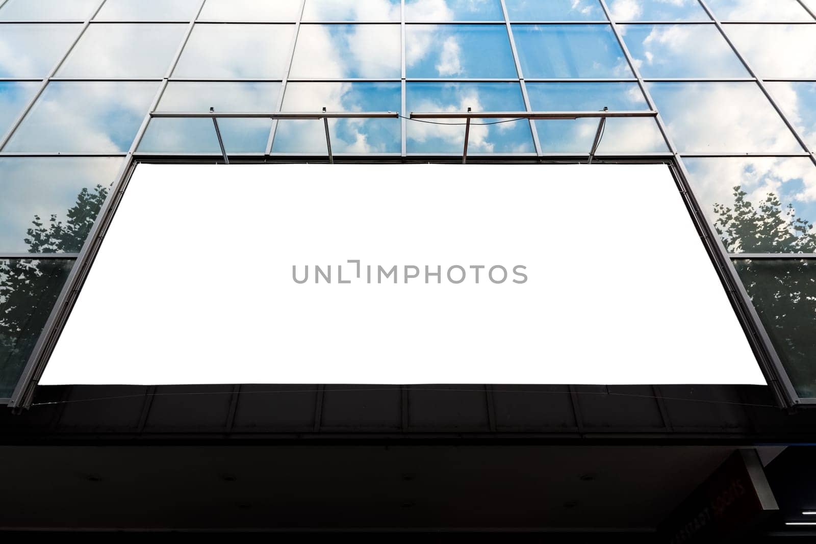 Glass Facade Shopping Center Billboard Ad Space Sky Reflection Outdoors Large Format Blank White Isolated