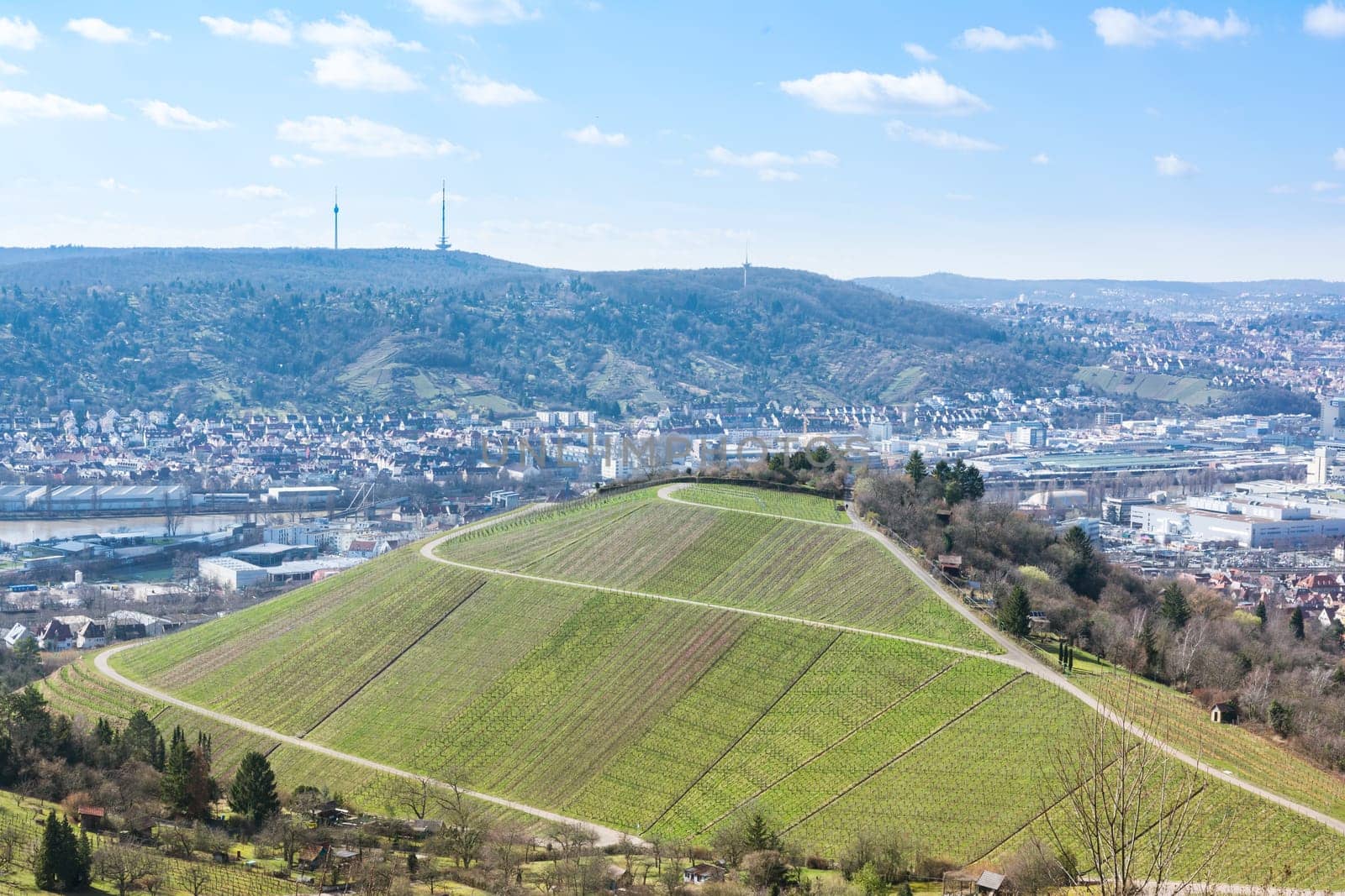 Stuttgart Landscape Germany TV Tower Vineyards Beautiful Blue Skies European Travel Destination Vacation Green Grass Rolling Hills