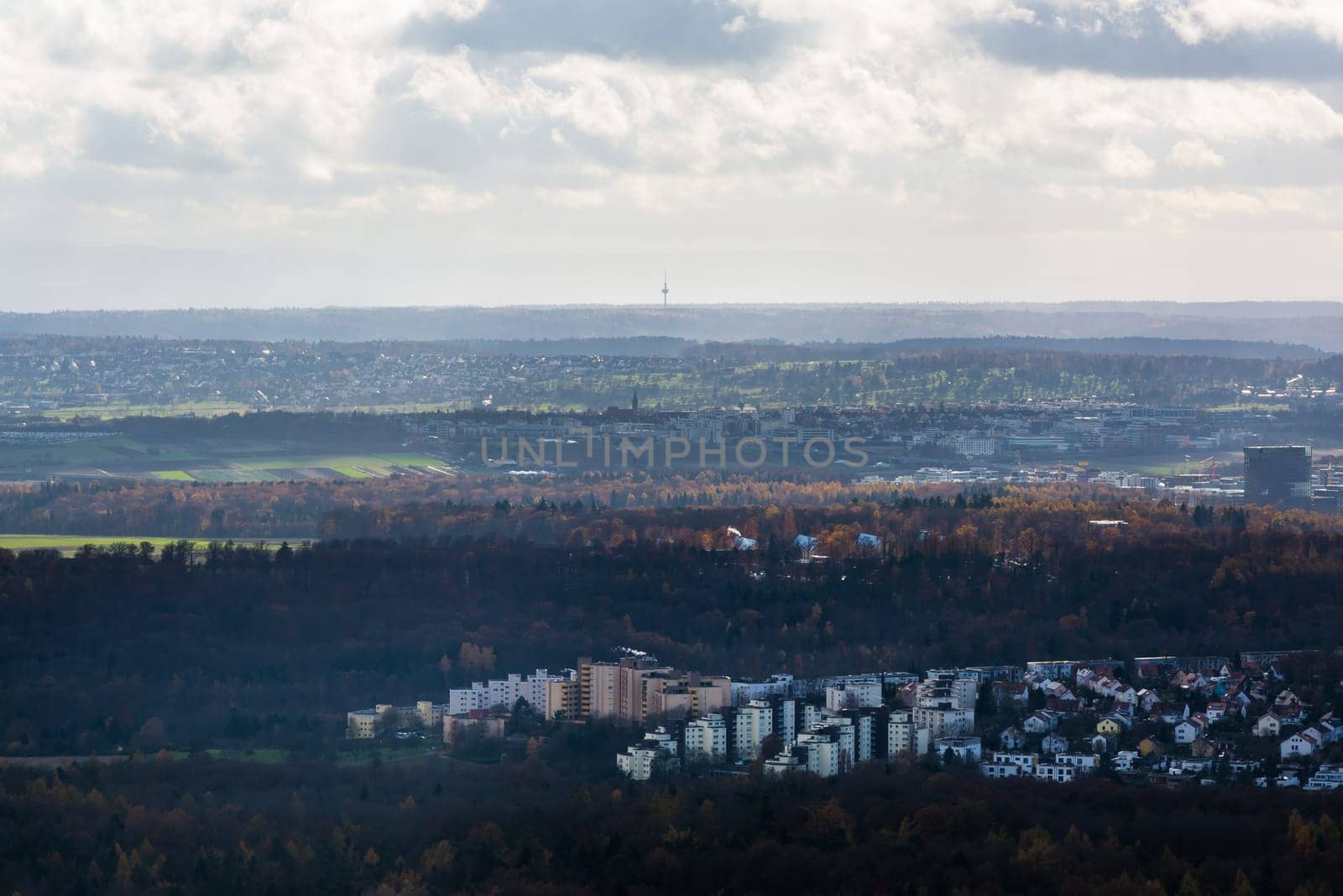 Stuttgart Landscape Kessel from Above Aerial View Clouds Beautiful Day Houses Rolling Hills Germany Europe Destination Panorama