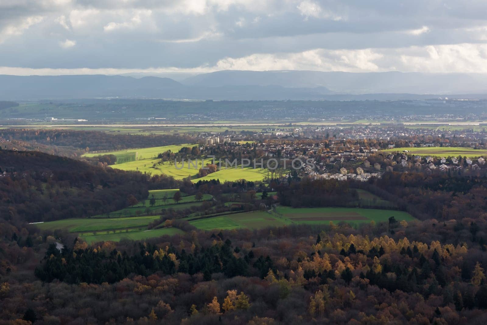 Stuttgart Landscape Kessel from Above Aerial View Clouds Beautiful Day Houses Rolling Hills Germany Europe Destination Panorama