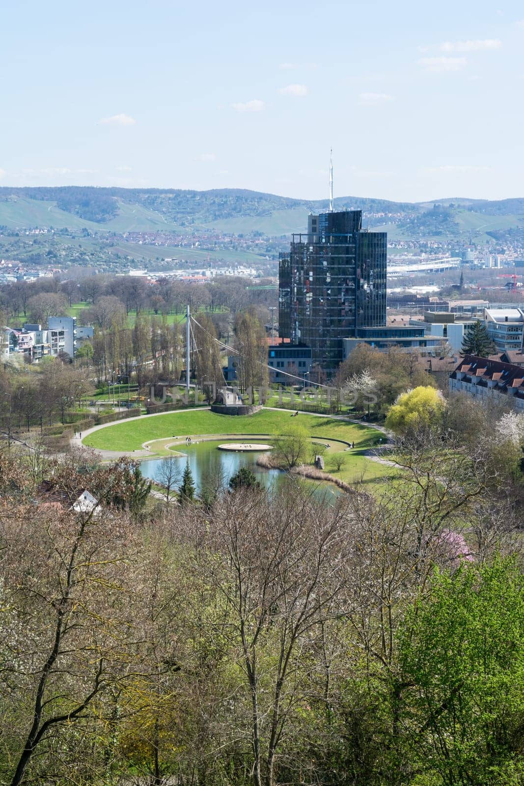 Killesberg Park Pond Glass Tower Hill Mountains Stuttgart Germany Landscape Beautiful Day Blue Sky Trees Green
