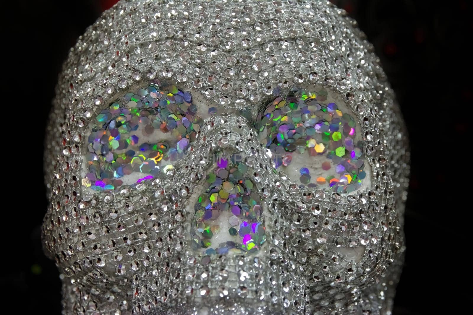 Halloween Sequin Skull Skeleton Head Decoration Closeup Black Background Isolated