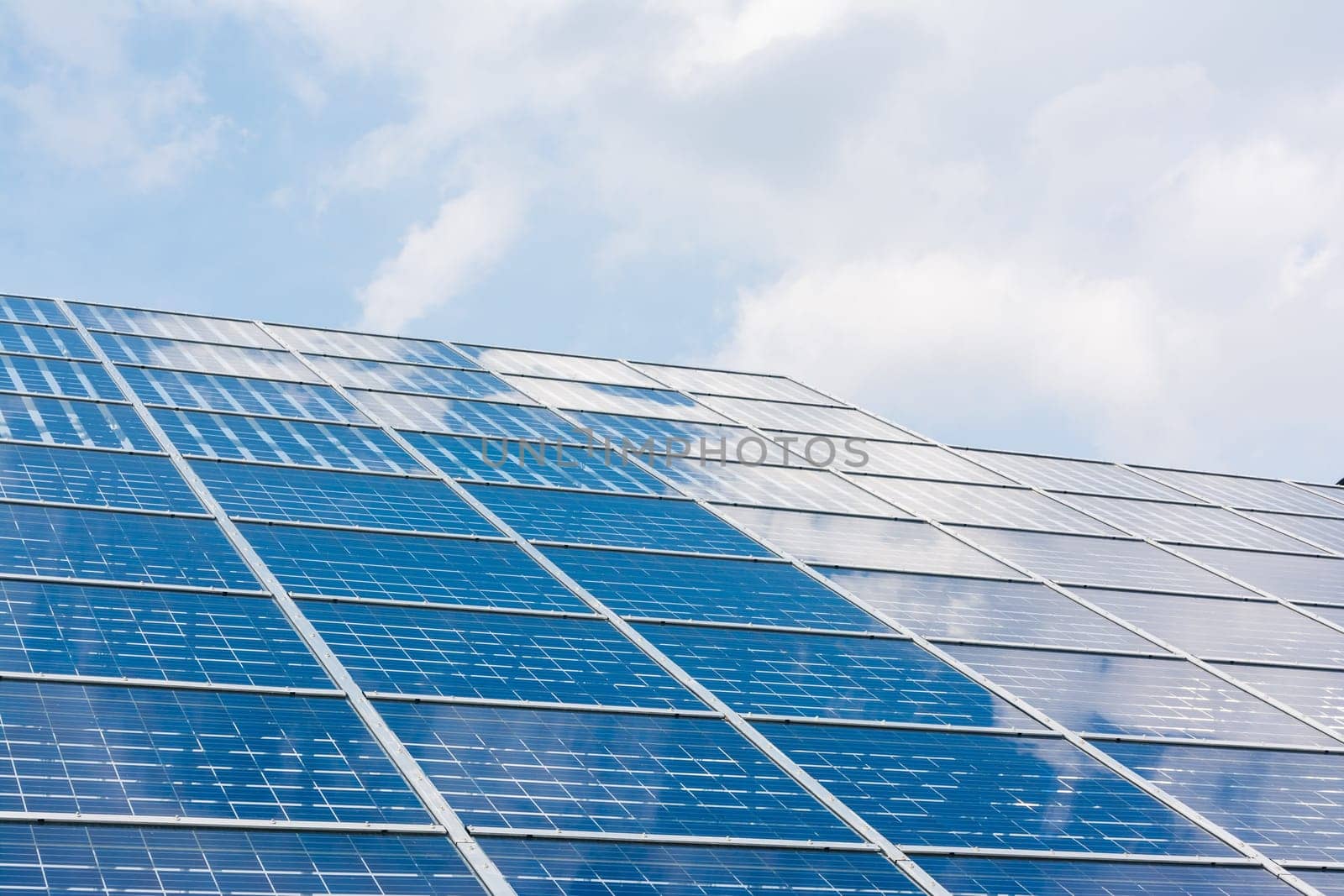 Solar Panels Closeup Blue Technology Clear Sunny Day Clouds Reflection Green Energy Real