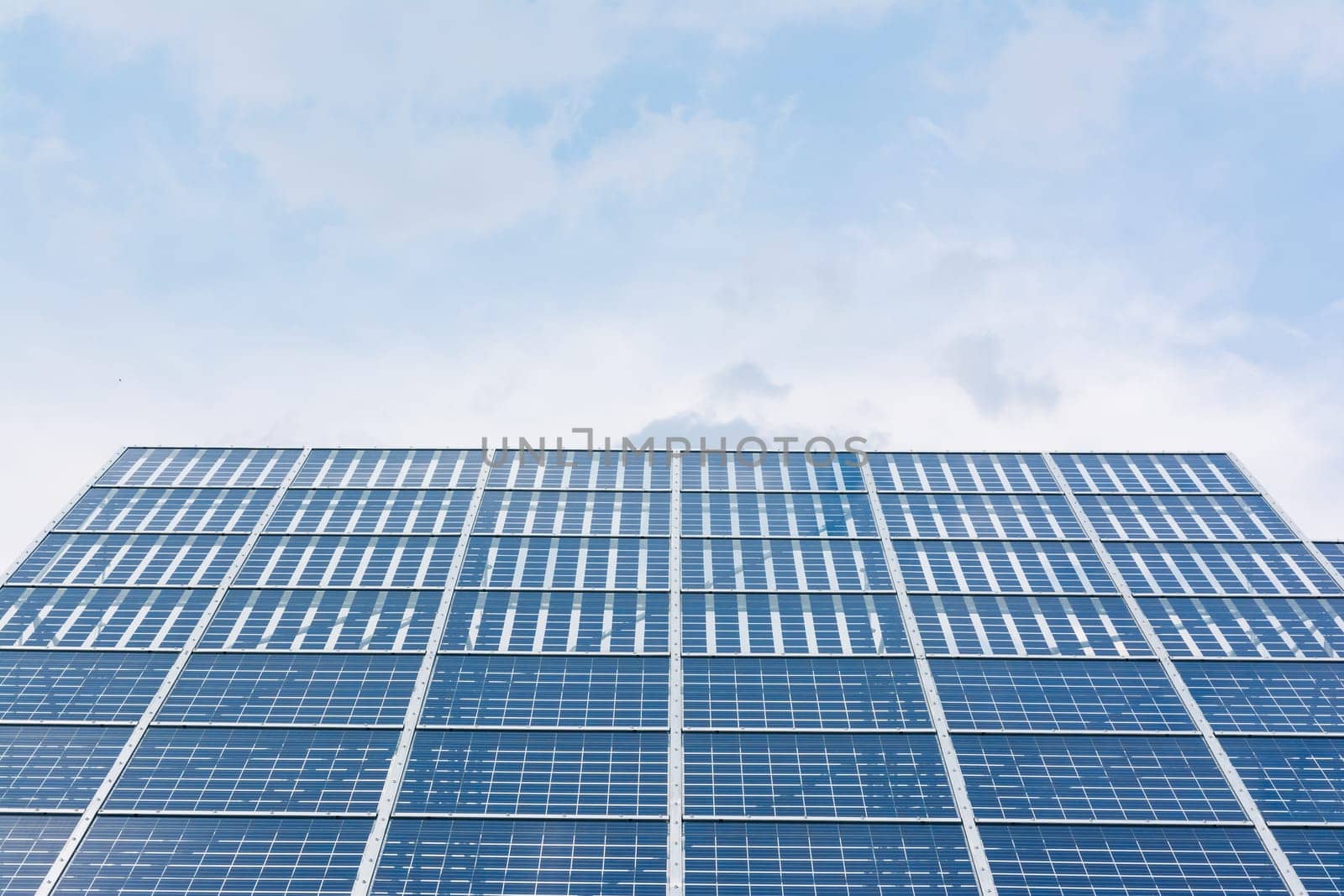 Solar Panels Closeup Blue Technology Clear Sunny Day Clouds Reflection Green Energy Real