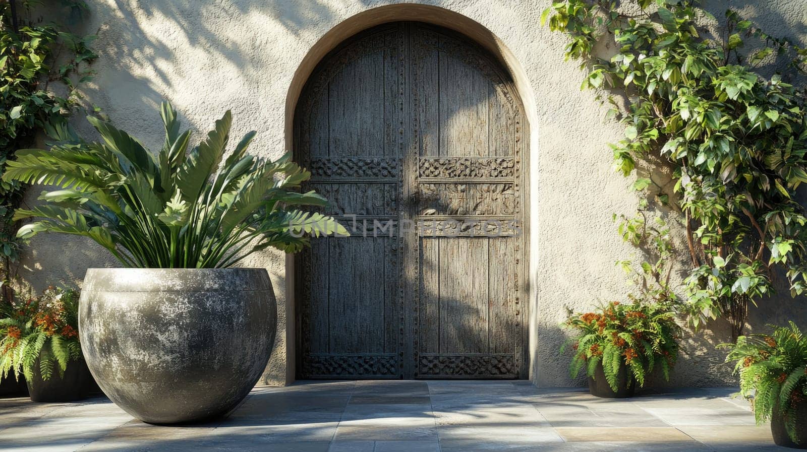 A stunning entrance showcases a large wooden door framed by vibrant green plants. Lush foliage and a decorative pot enhance the peaceful garden atmosphere during daylight.