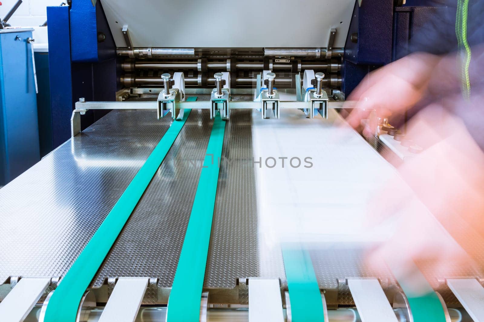 Paper Folding Machine Rollers Conveyor Belt Output Feed Printing Industry Press Production Working Blur