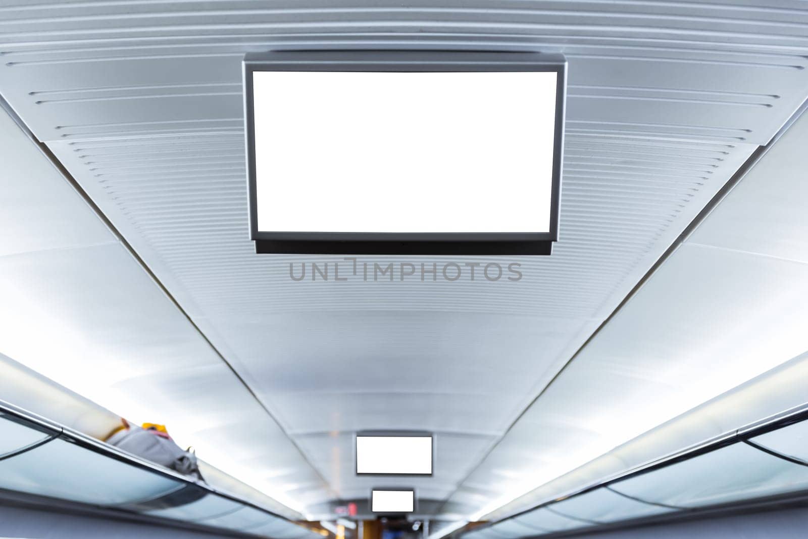 Public Transportation Interior Advertisement Screen Small Mockup Ceiling Hanging Electronic Computer Blank White