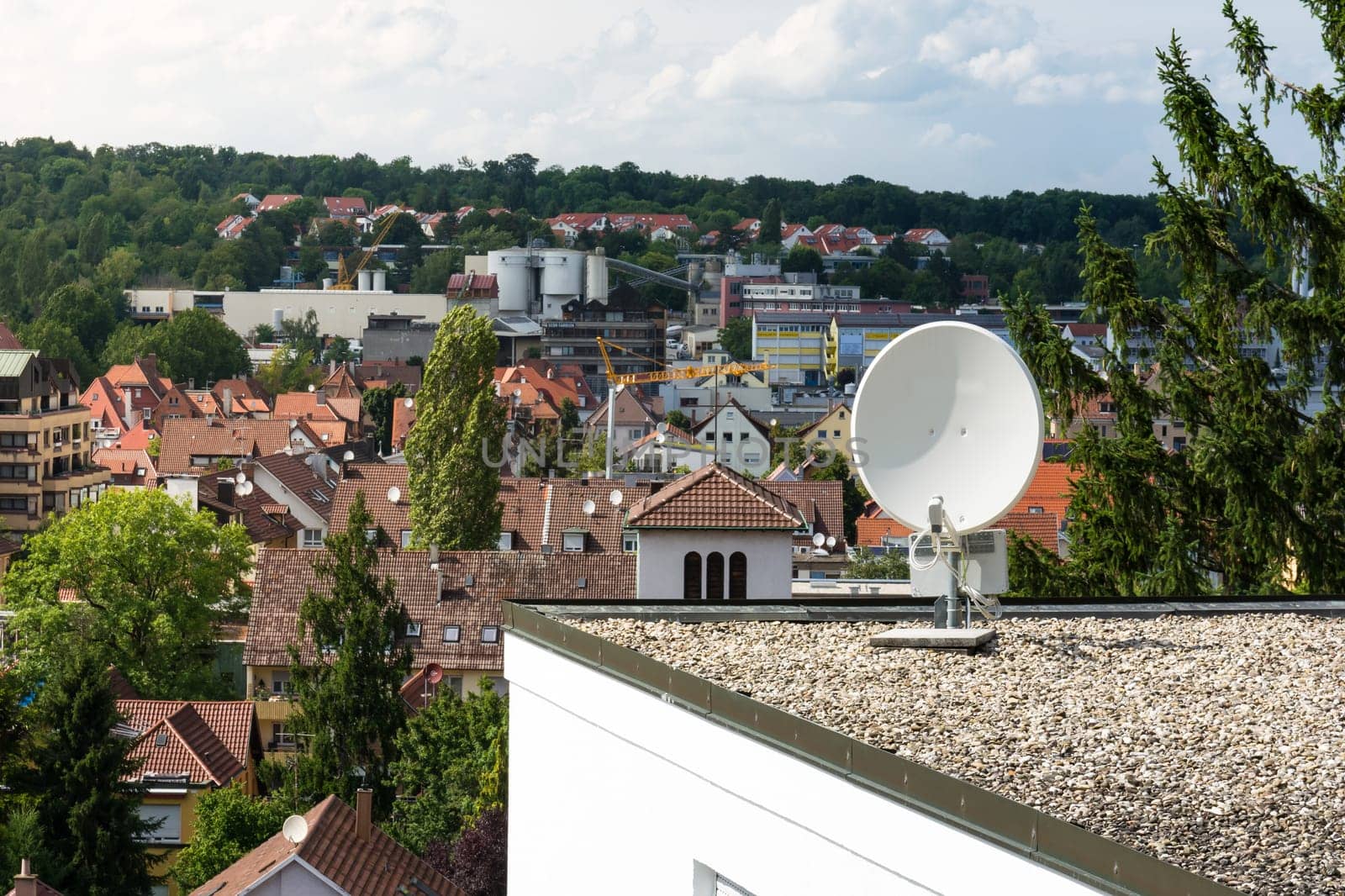 Outdoor Home Satellite Dish Rooftop Commercial Object Isolated Focus over City