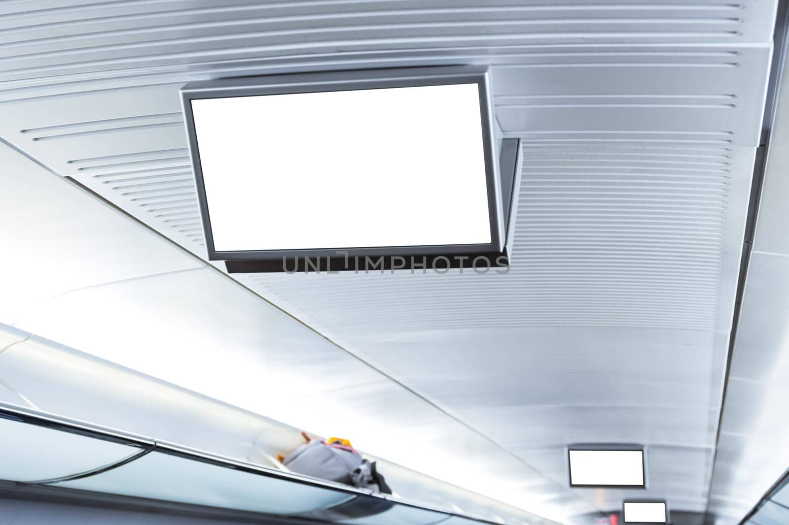 Public Transportation Interior Advertisement Screen Small Mockup Ceiling Hanging Electronic Computer Blank White
