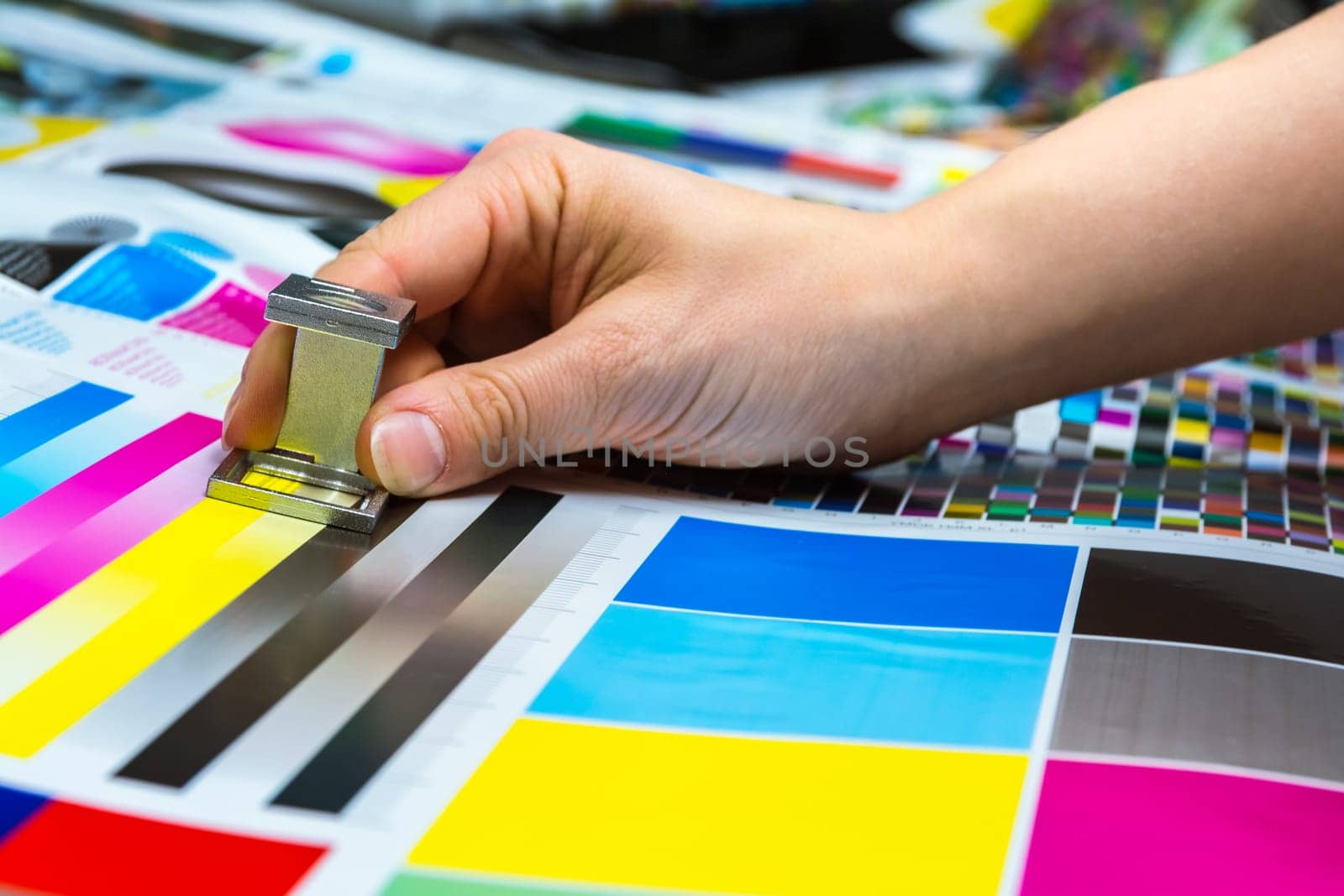 Printing Thread Counter Being Used by Female Hand Measurement Color Management Industry Object