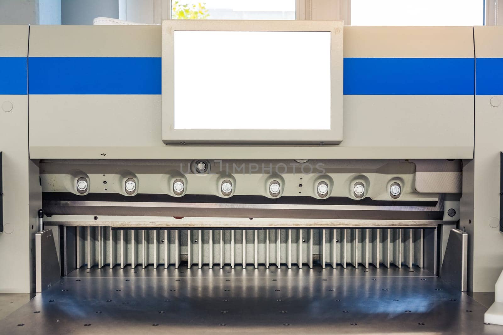 Paper Trimmer Machine Trimming Print Production Industrial Machinery Blade Guillotine Idle Empty Blank Screen