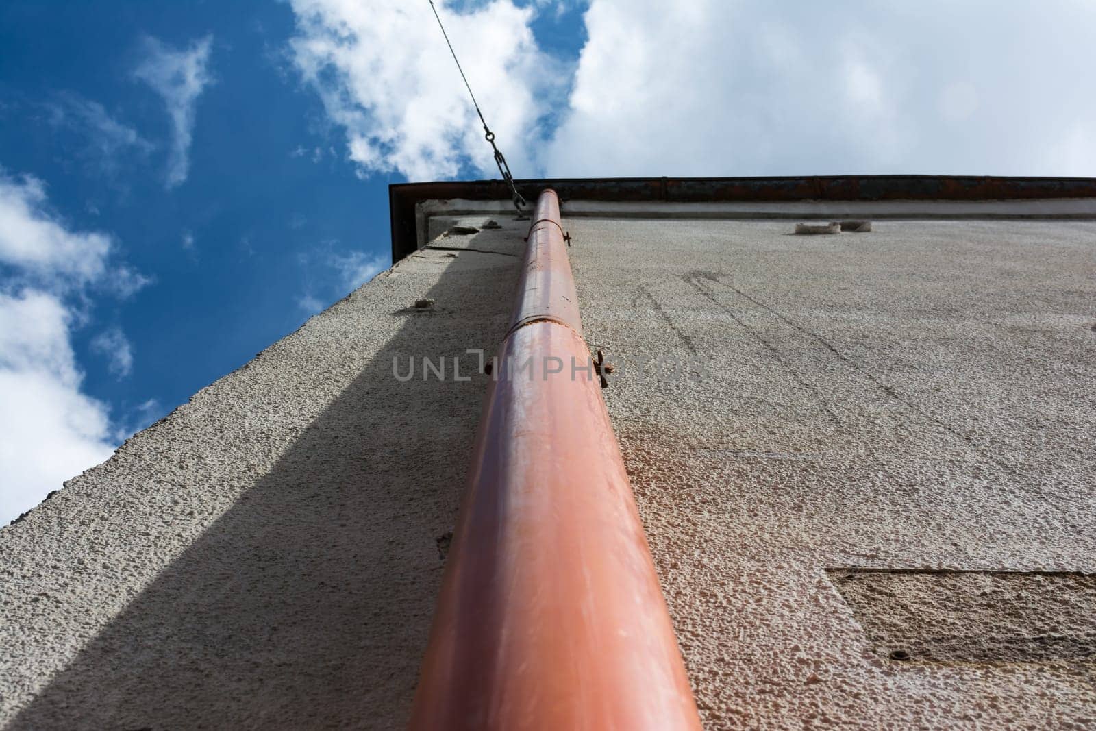 House Old Drain Pipe Gutter Closeup Sky Vertical Perpsective Corner