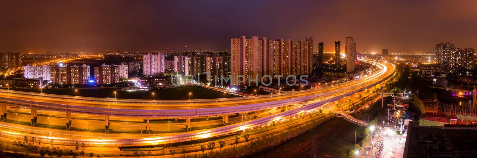 Night Scene of Chinese City Environment with Apartment and Expressway