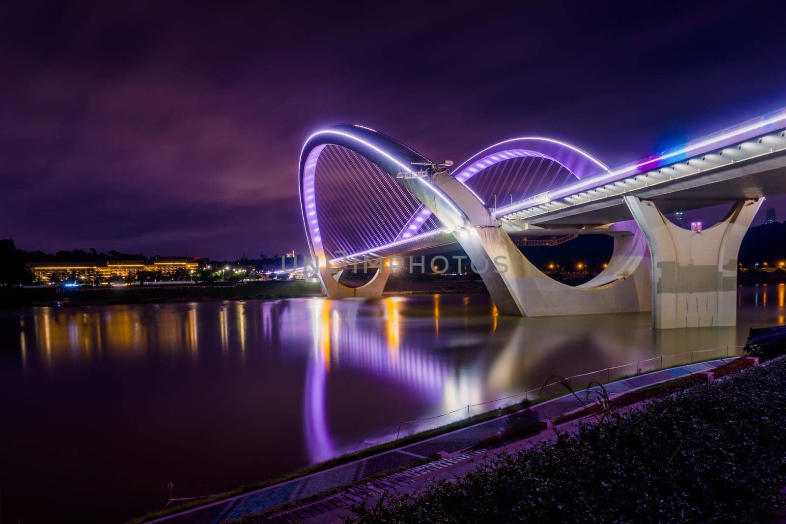 Nanning, China Bridge into Night Time Landscape Long Exposure