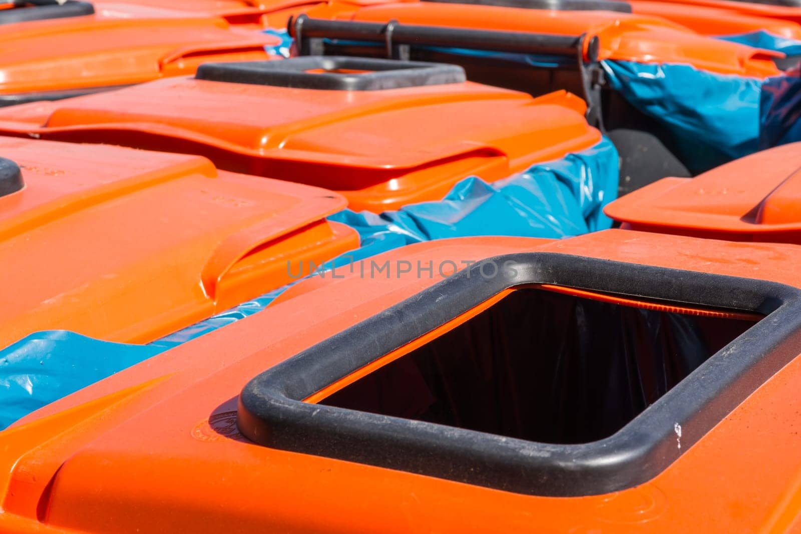 Orange Lid Trash Bins City Community Large Industrial Commercial Open Empty Together