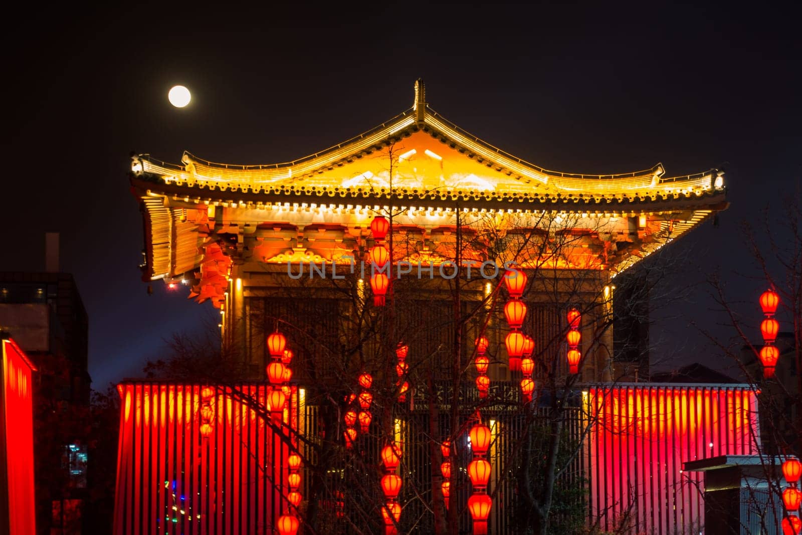 Ancient Chinese Temple Architecture Illuminated City Festival Celebration Lights Xi'an, China