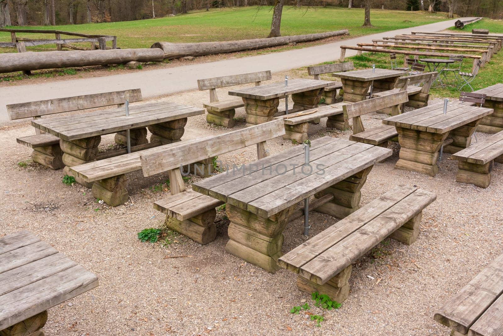 Outdoors Restaurant Wooden Tables Path Green Forest Park Empty Nobody