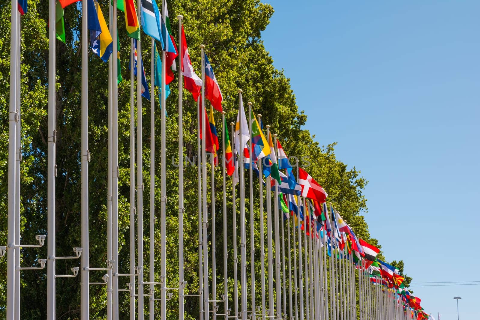 Outdoors Park Area International Flag DIsplay Blue Sky Background