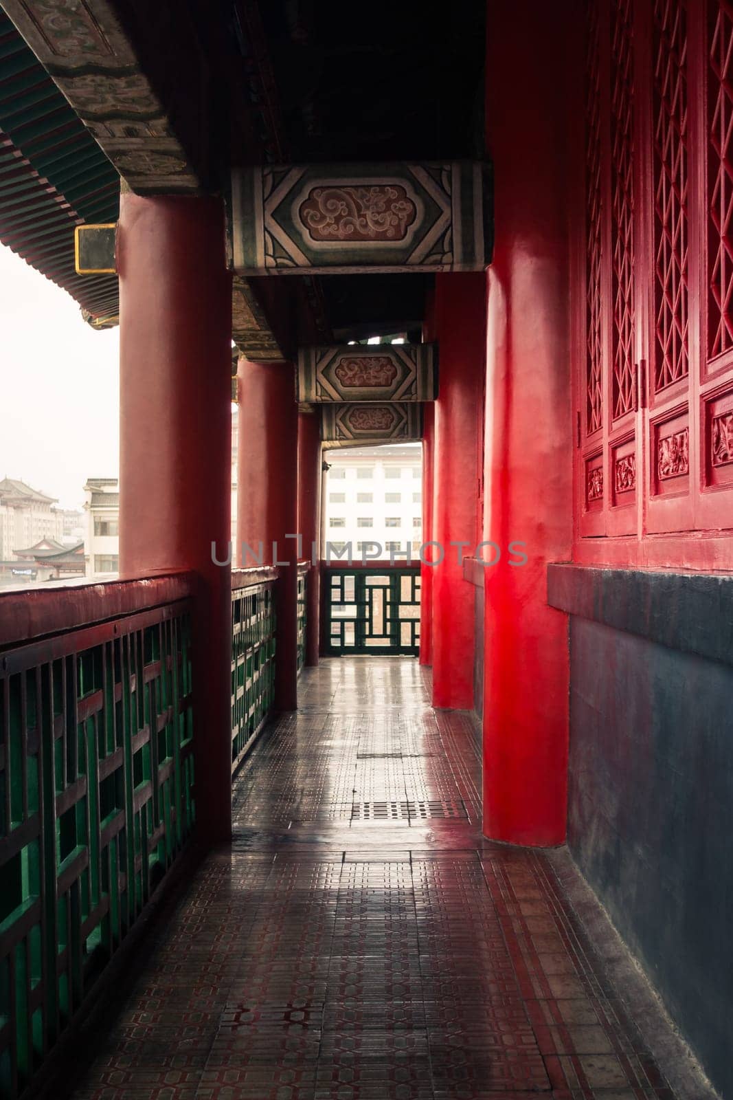 Ancient Chinese Temple Interior Wooden Walkways Ceiling Culture Architecture