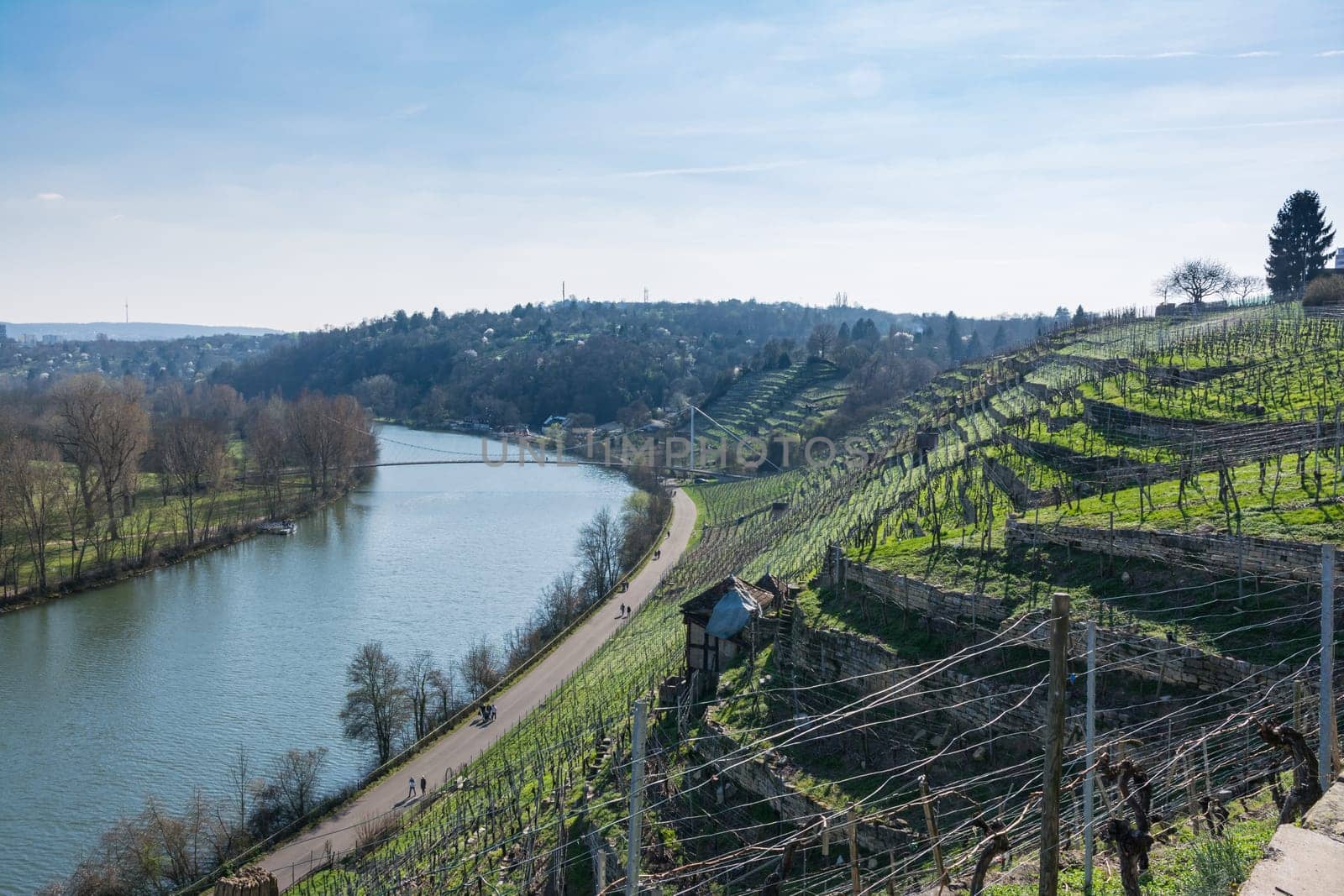 European River Max Eyth See Stuttgart Vineyards Sunny Landscape Beautiful Idyllic Blue Skies Clear Weather Green Slopes Mountains Water