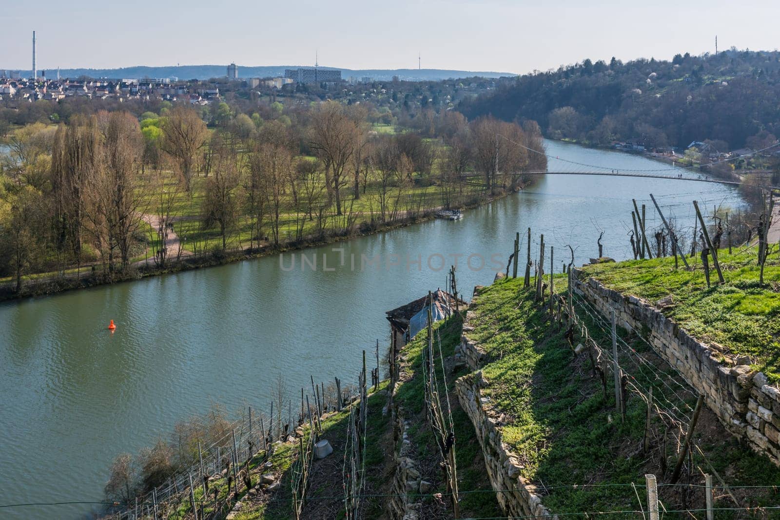 European River Max Eyth See Stuttgart Vineyards Sunny Landscape Beautiful Idyllic Blue Skies Clear Weather Green Slopes Mountains Water