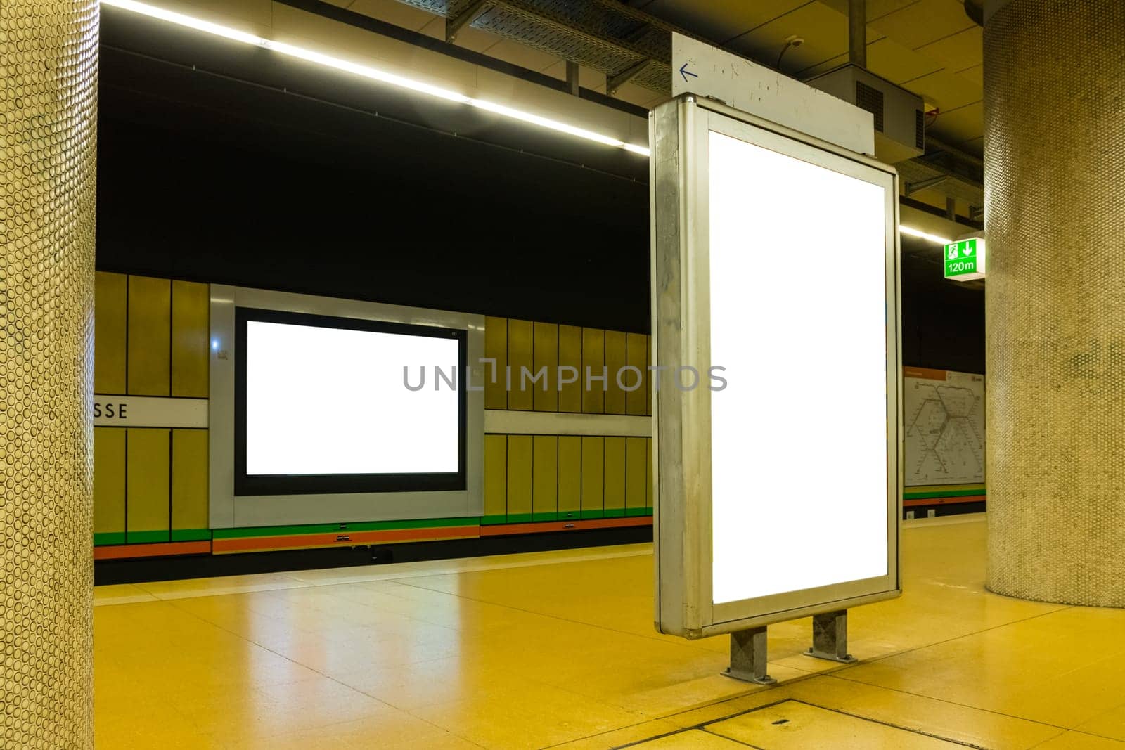 Two Blank Subway Advertisements in Brightly Colored Space Urban Environment